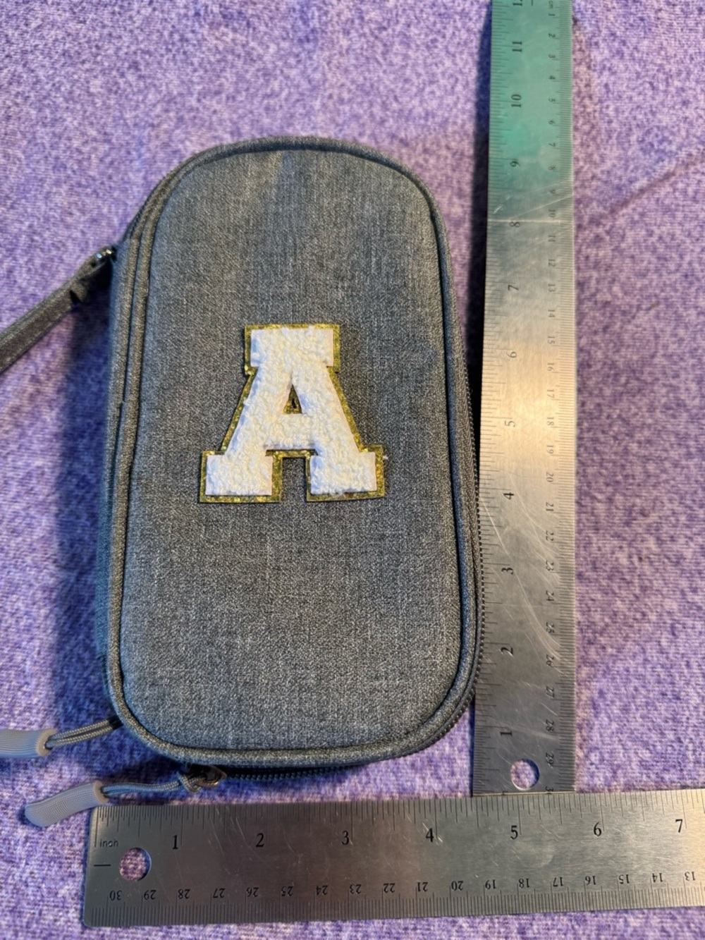 Gray Denim Zippered Pouch with White 'A' Patch